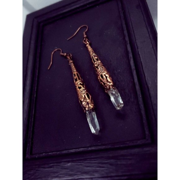 Copper plated filigree quartz crystal earrings handmade gothic style jewelry - Picture 3 of 12